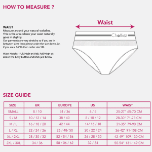 chaffree briefs size chart. midi or full waist knickers